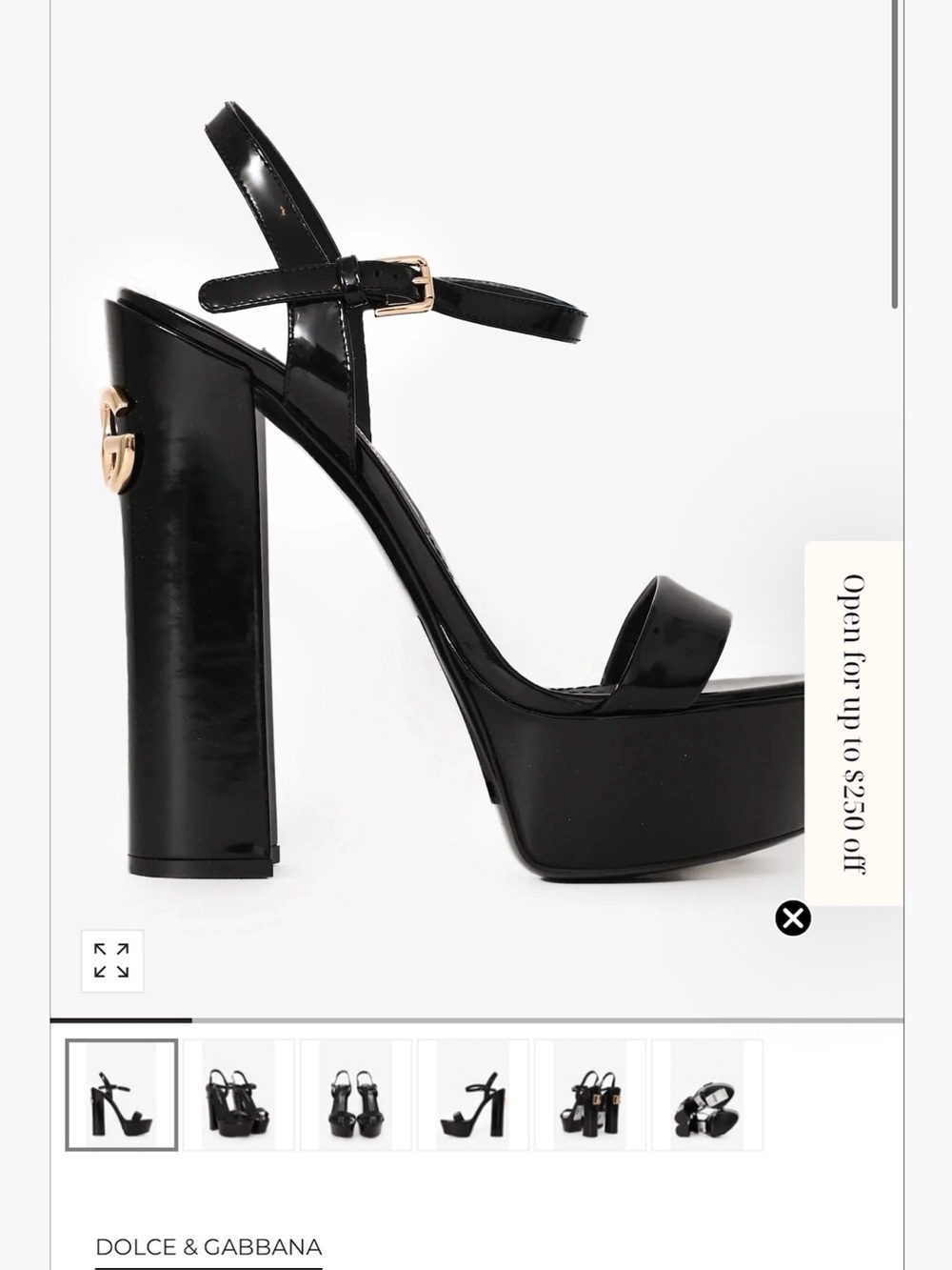 Dolce & Gabbana Black Patent Platform Block Heel Sandals with Gold Accent